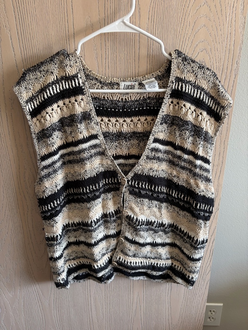 Vintage Lucia Striped Knit Button-Front Vest in Black, Cream, and Gray